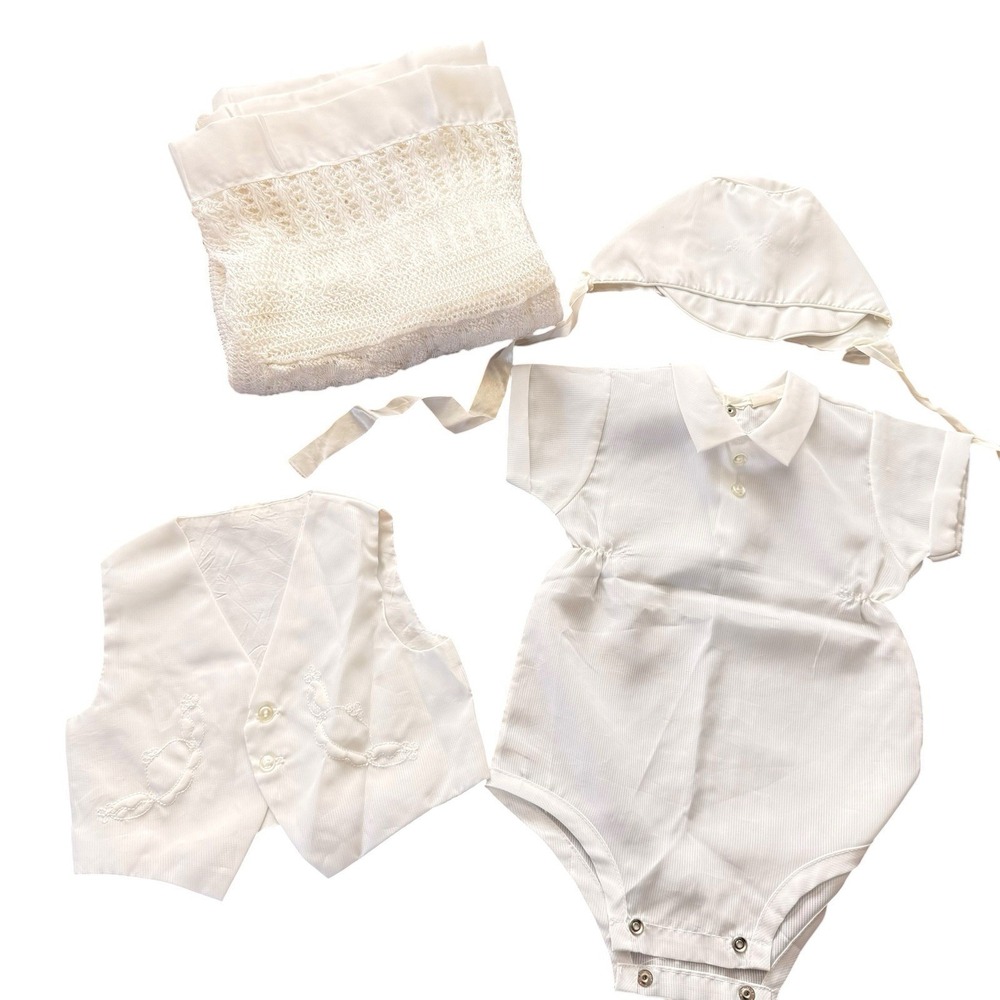 Vintage Baby Boy Baptism Christeningโ 4 Pc Set Romper Vest Bonnet Blanket 3-6M